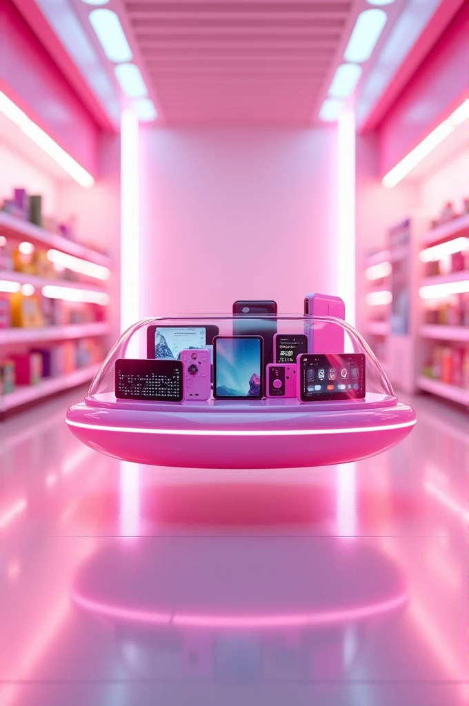 Create an image with a supermarket cart with electronic items inside it, I want a pink image