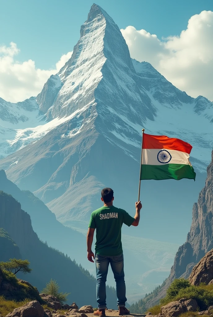 "Create a 3D illusion of a majestic mountain with the big and close words 'NORAH SHINE' engraved in large, bold letters on the mountain's top. At the forefront of the image, a 30-year-old man stands proudly, holding the Indian national flag high. He is facing the mountain, and on the back of his t-shirt, the name 'SHADMAN' is clearly visible. The scene is set on 15th August, with 'Happy Independence Day' subtly incorporated into the background, blending with the natural elements to enhance the celebratory atmosphere."
