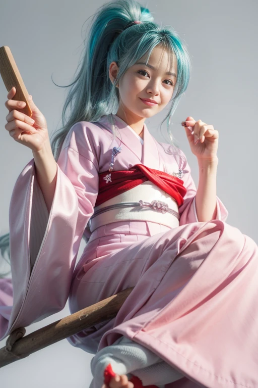 masterpiece, Highest quality,One person, smile,Close your mouth,(broom riding:1.2), geta, socks,broom,kimono,Long clothes, kimono,Gray background,