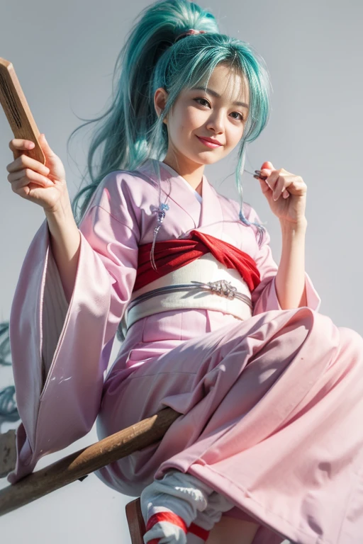 masterpiece, Highest quality,One person, smile,Close your mouth,(broom riding:1.2), geta, socks,broom,kimono,Long clothes, kimono,Gray background,