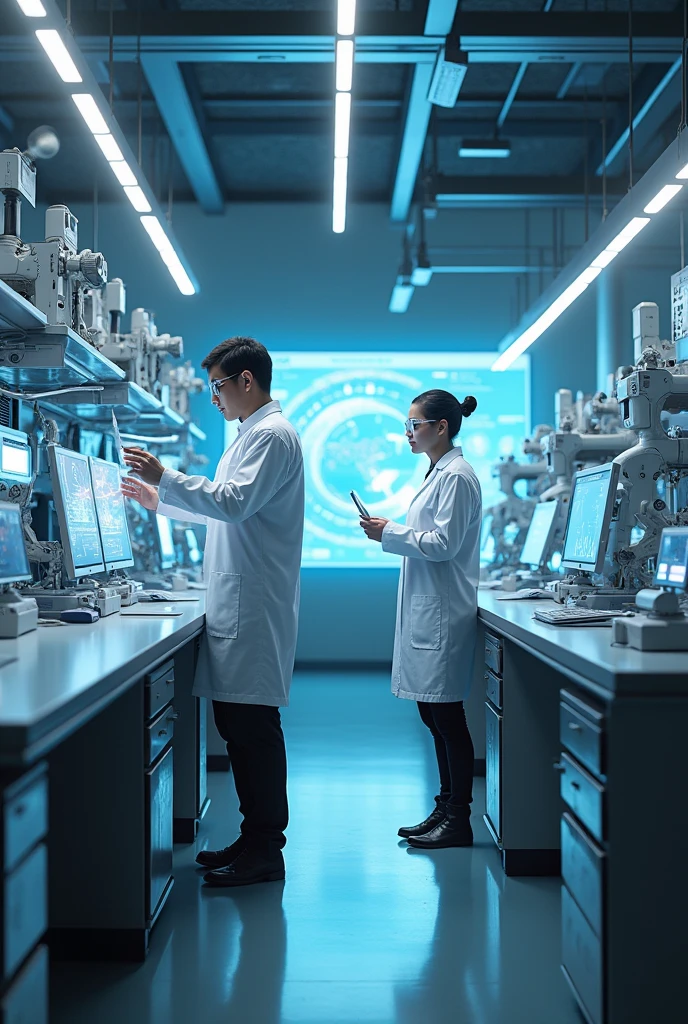 A striking image of a modern laboratory with scientists working with advanced technology, like robots or data analysis systems