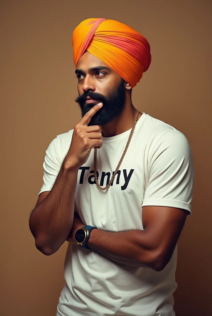 A person standing with turban on his head and Tanny written on his back of the tshirt and it is his birthday 