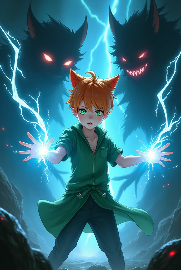 A green eyed boy with straight orange hair very white skin with a blue shirt with cat ears in his hair , fighting with his blue lightning power against evil shadows