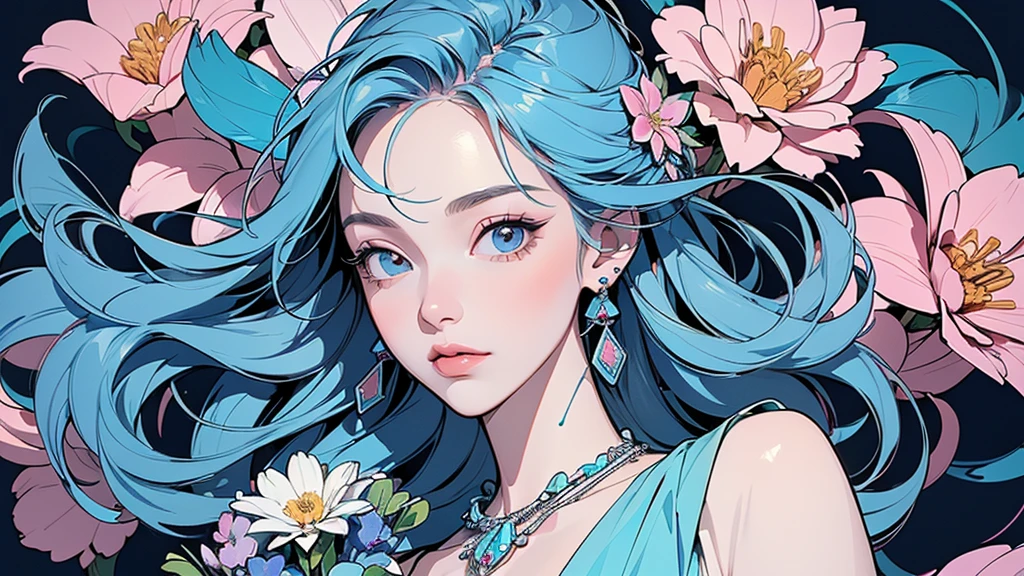 32K, 最高quality, 最高masterpiece, (ultra-Detailed Background, Detailed Background), High resolution, Super detailed, Very detailedな, 1 personの, (bouquet:1.3), (Tangled:1.2), (Geometric:1.2),(colorful),(masterpiece, quality, best quality, Official Art, Beautiful and beautiful:1.2), (1 person:1.3), Very detailed,(colorful:1.1)(Flowers:1.3),Most detailed,(Tangled:1.2), whole body, (Abstract background:1.3), (Skin glows), (Many colors:1.4), ,(Earrings Jewelry:1.5), Light Blue Background,