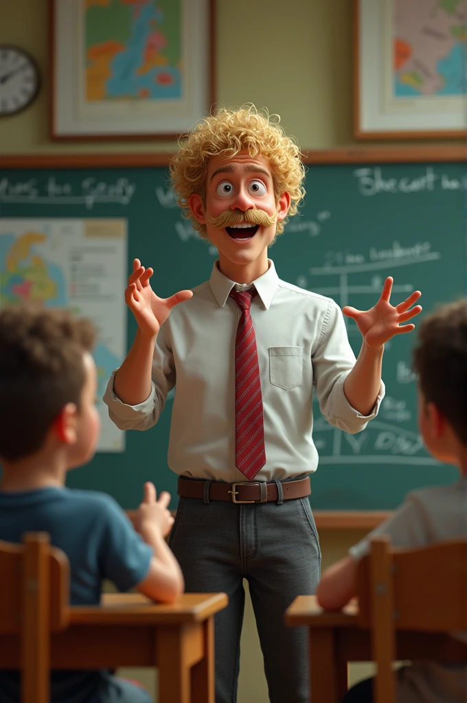 Generate an image of a teacher, colocho,with mustache and blonde hair giving classes