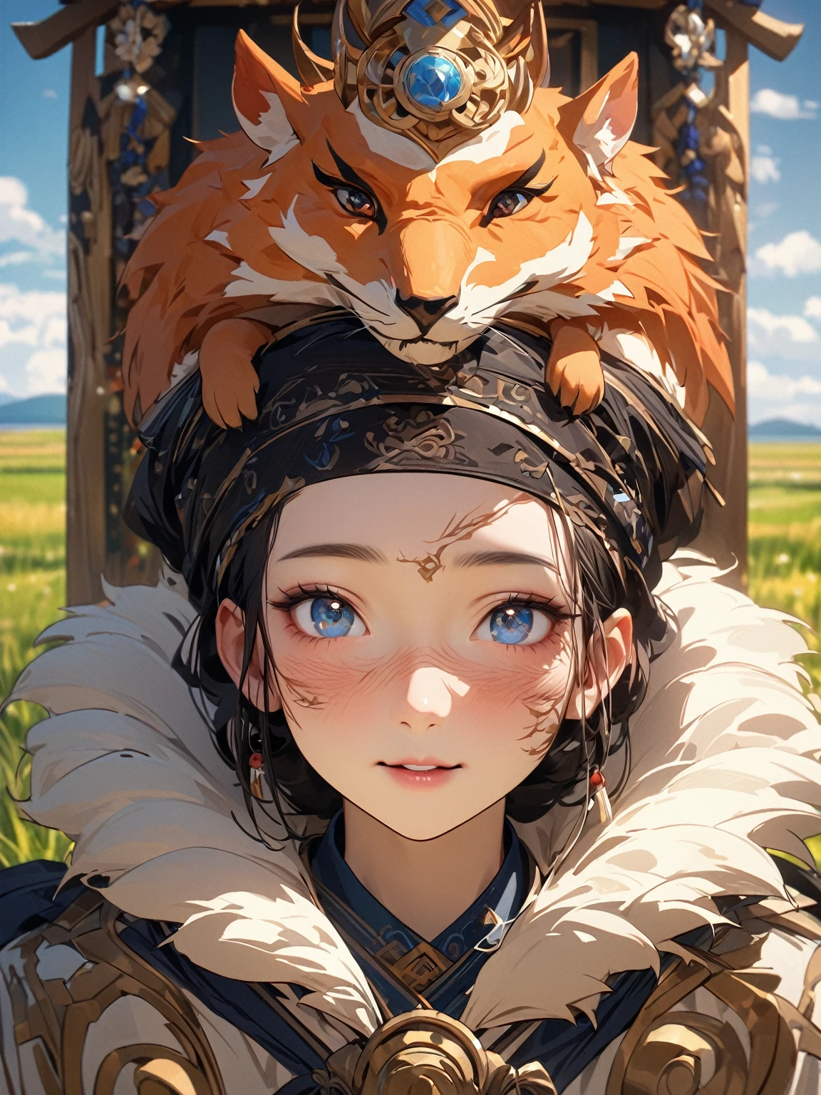High resolution, 頂級quality, 最好的quality, Paid rewards available, 無與倫比的masterpiece, perfect work of art, Ridiculous,好的quality,Super detailed,actual,(portrait,photo-actual:1.37),(hairy:1.1),(human nature:1.1) High resolution, 8k, masterpiece,, Super detailed, mammal,whole body,National style totem,ethnic jewelry,quality, Hokkaido赤狐, elder, 一隻雄性hairy的狐狸 (orange fur), whole body都覆蓋著毛皮, , 穿著Hokkaido阿伊奴族的傳統服飾,Off-white coat,Dark blue headscarf,hands holding traditional musical instruments,Squint your eyes and smile, masterpiece, 最好的quality, Digital art, (actual:0.3), cartoon, Detailed route, High resolution, visually stunning (detailed lighting, Depth of Field:0.9), detailed color, Bright colors create perfect hands, Detailed hands (Fair, Cute, Fluffy:1.2), detailed body, HokkaidoNatural background,horizon landscape, National costume, national totem,清澈的Sky空, movie lighting, Sky, sunny Sky,,grassland, horizon background(Natural background:1.1,Hokkaido:0.9), (Soft natural light:1.1), (Detailed facial features:1.1,expressive eyes:1.2), (calm and serene expression:1.1), (Flowing and layered clothing:1.1), (Gorgeous and intricate accessories:1.1), Fine hairs, Delicate face,