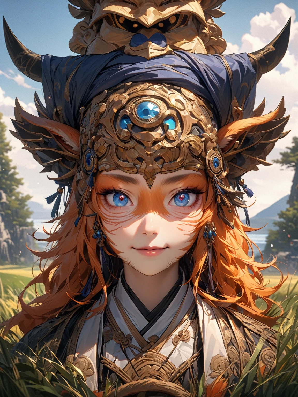 High resolution, 頂級quality, 最好的quality, Paid rewards available, 無與倫比的masterpiece, perfect work of art, Ridiculous,好的quality,Super detailed,actual,(portrait,photo-actual:1.37),(hairy:1.1),(human nature:1.1) High resolution, 8k, masterpiece,, Super detailed, mammal,whole body,National style totem,ethnic jewelry,quality, Hokkaido赤狐, elder, 一隻雄性hairy的狐狸 (orange fur), whole body都覆蓋著毛皮, , 穿著Hokkaido阿伊奴族的傳統服飾,Off-white coat,Dark blue headscarf,hands holding traditional musical instruments,Squint your eyes and smile, masterpiece, 最好的quality, Digital art, (actual:0.3), cartoon, Detailed route, High resolution, visually stunning (detailed lighting, Depth of Field:0.9), detailed color, Bright colors create perfect hands, Detailed hands (Fair, Cute, Fluffy:1.2), detailed body, HokkaidoNatural background,horizon landscape, National costume, national totem,清澈的Sky空, movie lighting, Sky, sunny Sky,,grassland, horizon background(Natural background:1.1,Hokkaido:0.9), (Soft natural light:1.1), (Detailed facial features:1.1,expressive eyes:1.2), (calm and serene expression:1.1), (Flowing and layered clothing:1.1), (Gorgeous and intricate accessories:1.1), Fine hairs, Delicate face,