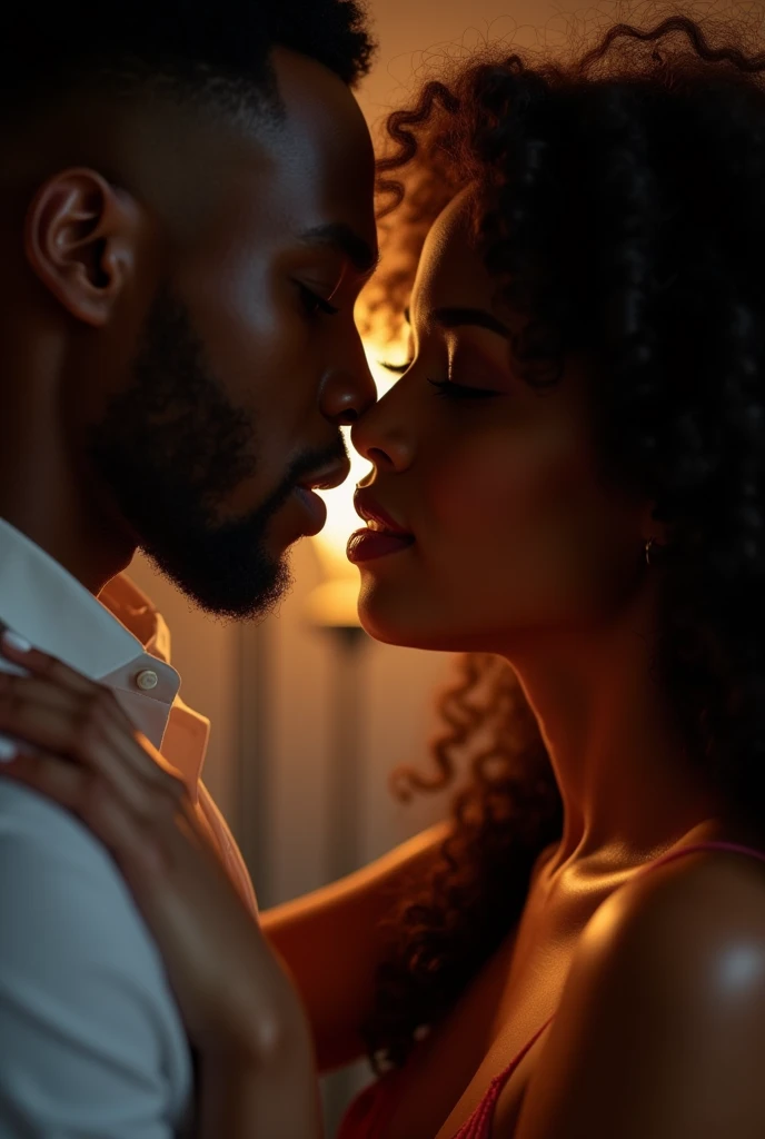a close-up shot of a handsome black man and an Afro-Latina woman kissing, their lips close together, cinematic lighting, romantic atmosphere, detailed facial features, beautiful skin tones, chiaroscuro lighting, dramatic shadows, intense eye contact, passionate embrace, high quality, photorealistic, 8k, cinematic, dramatic