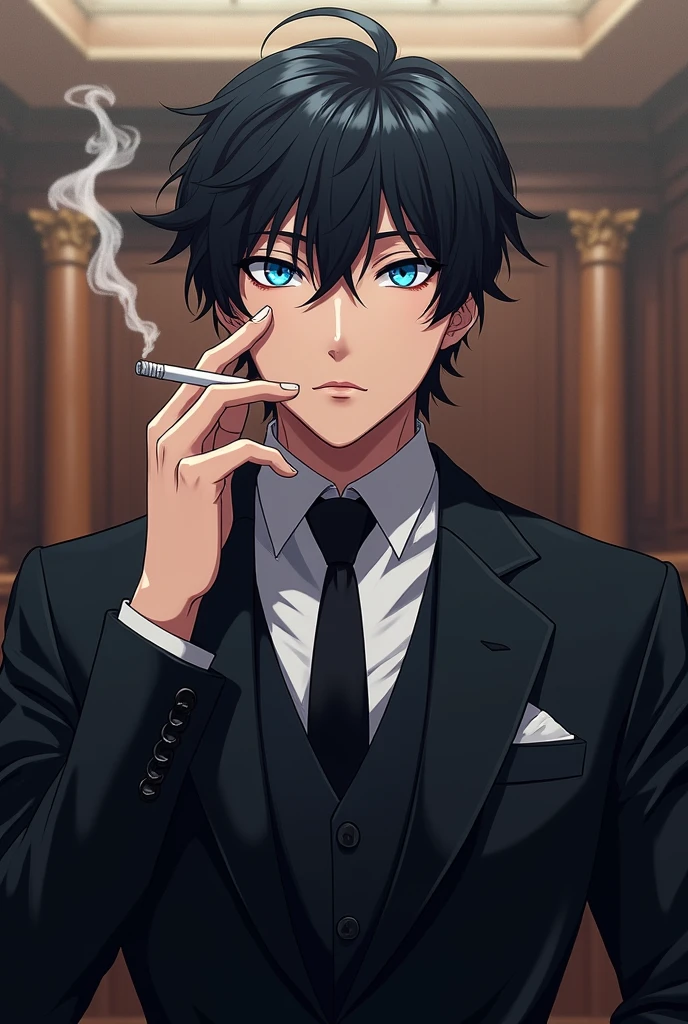 Anime style image of a man around 23 years old, black hair similar to the character Sung Jin woo from Solo Leveling, blue colored eyes, wearing a black lawyer suit and a more serious face and expression, smoking a cigarette and the scene behind him is a courtroom 