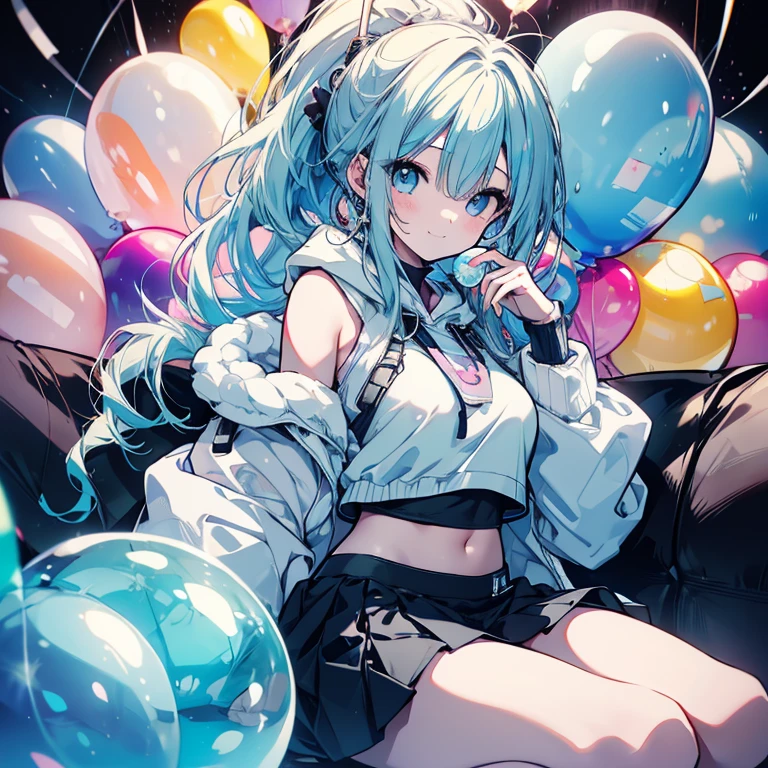 1 person、Mature、Ample breasts、Long Hair、Light blue balloon、Bubble gum、Curly Hair、ponytail、smile、Belly button、hoodie、Miniskirt、garter、sit、Lots of balloons、Light blue sofa、High resolution、Highest quality、