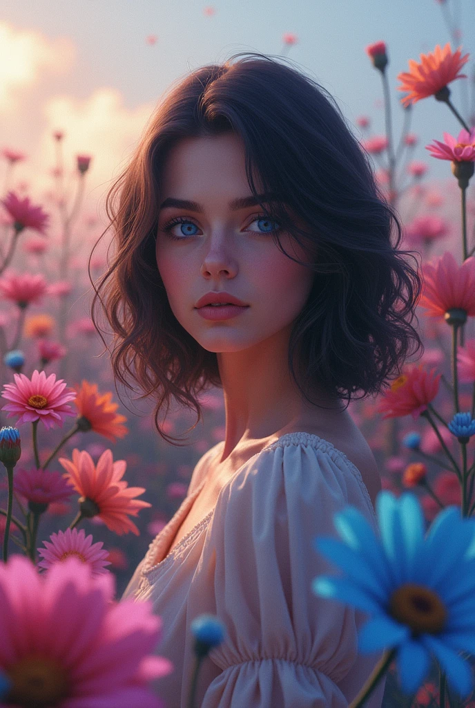 Taina Costa with blue eyes in a sea of flowers