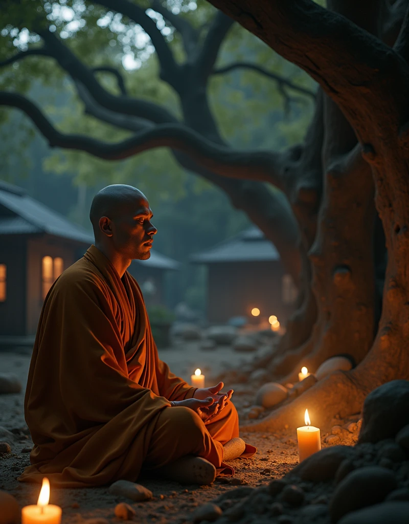 Buddhist monk engrossed in meditation, lit candle casting a soft glow before him, nestled in a quaint village beneath an ancient tree, captured in the style of Miki Asia with macro precision, featured on Art Station, sharp focus, imitating Greg Rutkowski's intricate detailing, hyper-detailed studio photo, volumetric lighting, intricate details, highly detailed, trending on Art Station., Miki Asia Macro photography, close-up, hyper detailed, trending on art station, sharp focus, studio photo, intricate details, highly detailed, by Greg Rutkowski