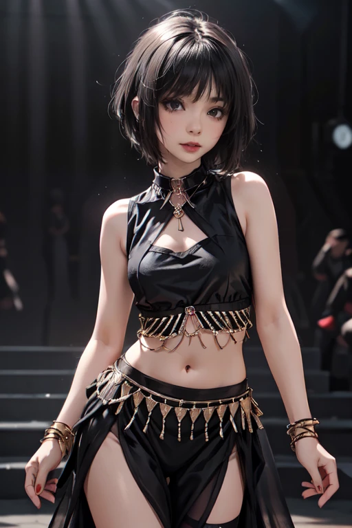 Girl, woman, emo_hairstyle, black lipstick, dog collar, eyeliner, eye shadow, smoky eyes, realistic lighting, short hair, standing up, dancer outfit, Arabian dancer costume, sleeveless.