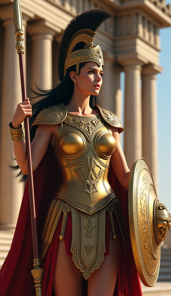 "Create an ultra-realistic, 8K resolution image of Athena, the Greek goddess of wisdom and warfare, in a vertical 9:16 aspect ratio. Athena is depicted as a powerful and majestic figure, exuding strength and intelligence. She wears ornate, intricately designed armor that gleams with a golden hue, symbolizing her divine nature and her role as a warrior goddess. Her helmet, adorned with a plume of horsehair and detailed engravings, sits regally atop her head, partially covering her flowing, dark hair.

In one hand, she holds a tall, ornate spear, the tip sharp and gleaming, while in the other, she carries a round shield decorated with the visage of Medusa, symbolizing protection and her connection to mythological battles. Her expression is serene yet commanding, with a gaze that reflects both wisdom and authority. The background features an ancient Greek temple with tall, marble columns and intricate stonework, adding to the grandeur of the scene. The overall composition blends the classical attributes of Athena with a modern, highly detailed portrayal, capturing her as a figure of both beauty and immense power."