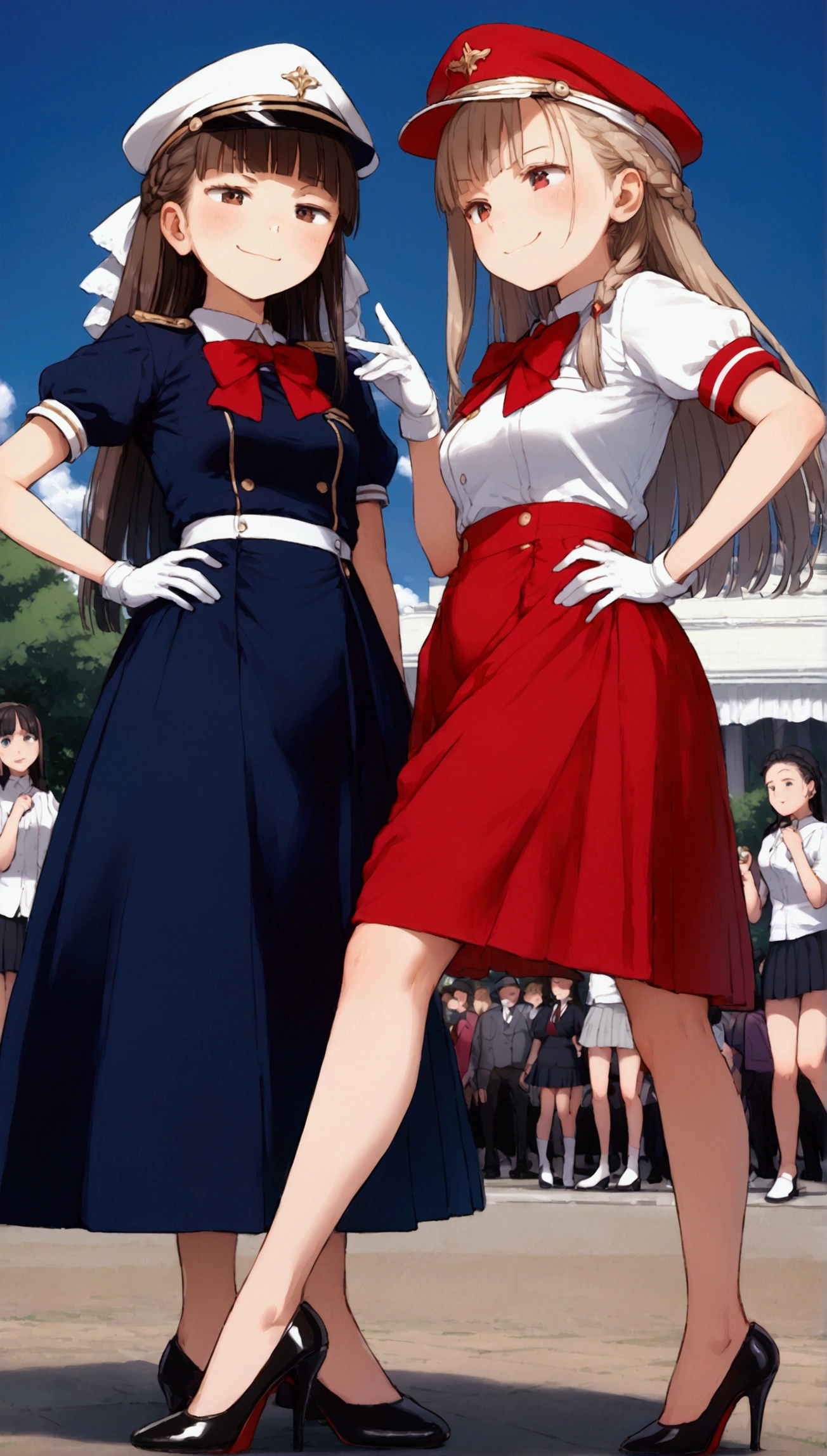 {Highest quality}, {Super beautiful},{Ultra fine},{Best illustration},Brown Hair,Hime cut,Braid,long hair,Two Women,Standing Woman,Strike a pose,Adult women,smug face,look down,Uniform cap,White shirt,Short sleeve,Black long skirt,White gloves,Black stiletto heels,Night Park,crowd,Slender,From an angle,Spread your legs,Put one hand on your hip