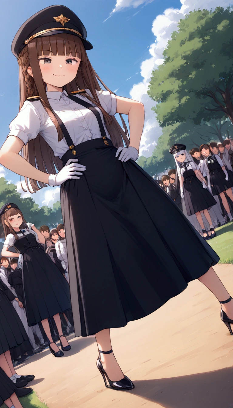 {Highest quality}, {Super beautiful},{Ultra fine},{Best illustration},Brown Hair,Hime cut,Braid,long hair,Two Women,Standing Woman,Strike a pose,Adult women,smug face,look down,Uniform cap,White shirt,Short sleeve,Black long skirt,White gloves,Black stiletto heels,Night Park,crowd,Slender,From an angle,Spread your legs,Put one hand on your hip