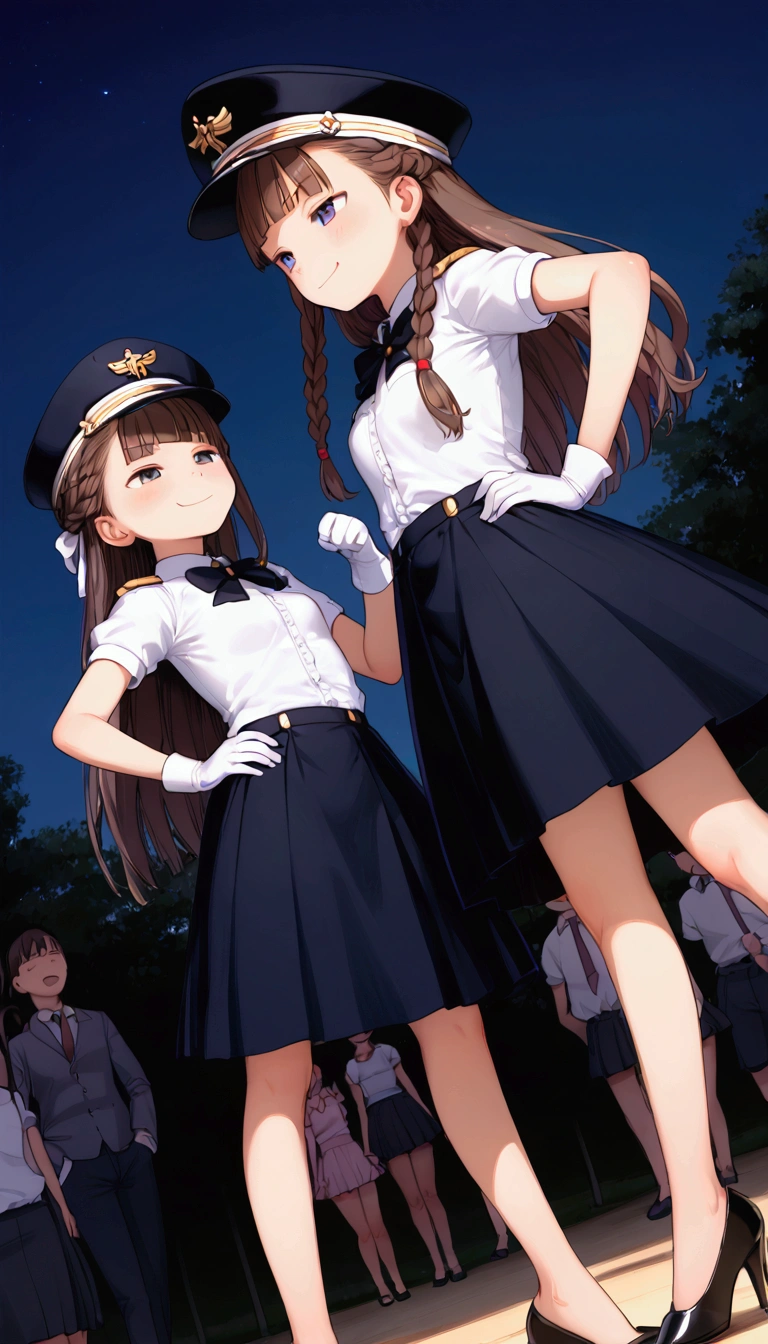 {Highest quality}, {Super beautiful},{Ultra fine},{Best illustration},Brown Hair,Hime cut,Braid,long hair,Two Women,Standing Woman,Strike a pose,Adult women,smug face,look down,Uniform cap,White shirt,Short sleeve,Black long skirt,White gloves,Black stiletto heels,Night Park,crowd,Slender,From an angle,Spread your legs,Put one hand on your hip