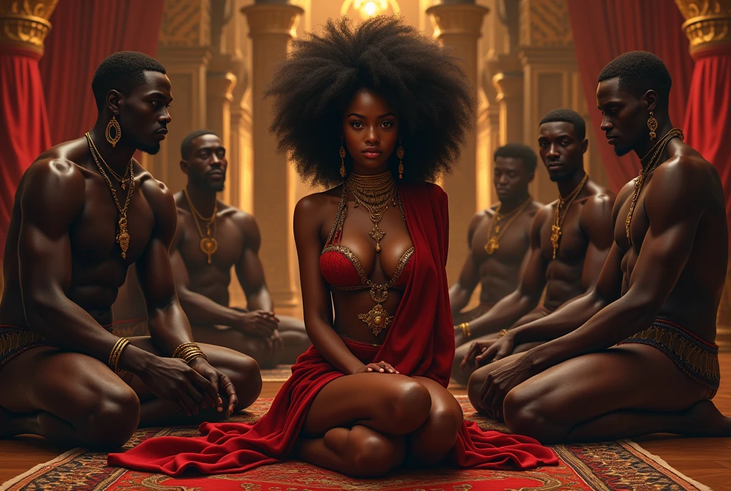 digital art, (black girl , Harem with African warriors, discreet smile, beautiful look), (sitting on a bench, surrounded by men , Directed by: Daniil Suponitskiy jpegman