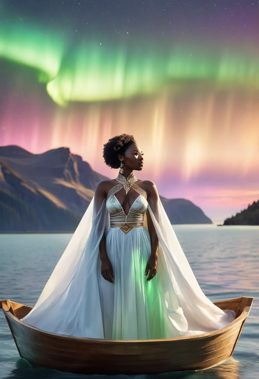 A black woman sitting in a paper boat sailing on a clear ocean, clear ocean reflecting a beautiful aurora borealis shining in the sky, she's dressed in white African designed clothes, , very high detailed and clear image, providing a cinematic look like shot from a 70mm lens panavision camera, 32k high definition and high resolution images, unreal engine 5 rendered. Hyper-realistic images with high detailed features.