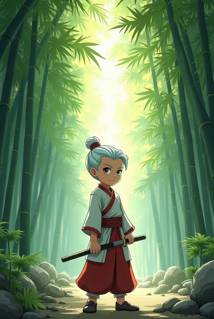 comics,Chinese martial arts,masterpiece, Best quality, Extremely detailed, Moderate, 1 Boy, Solitary, White hair, Chinese clothes, Silver hair,Bamboo forest in the background,whole body,Panoramic lens,Vision,A sword in his hand