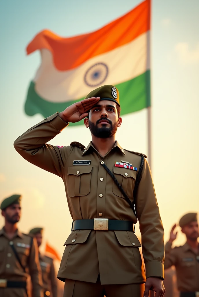 25 year old Indian boy is celebrating Independence Day on 15th August 2024. His name Vivek is written on his uniform or he is saluting the Indian flag or he is wearing the uniform of the Indian flag or he is facing the Independence Day.