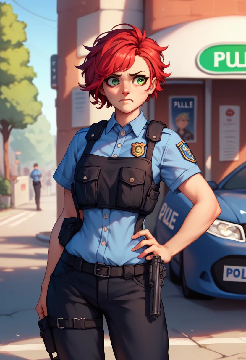 SFW, a cute young woman in a police uniform, short fluffy red hair and green eyes, american police, bulletproof vest, worried expression, slightly frustrated, blue shirt and black pants, holstered handgun on hip, standing on a street corner, afternoon lighting