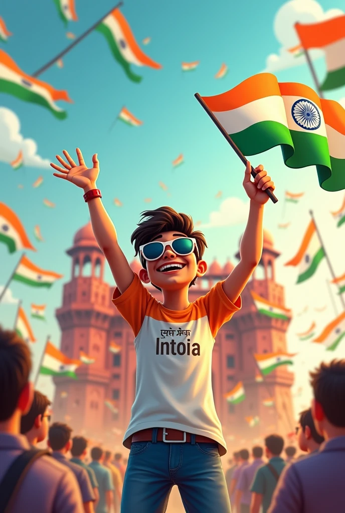 Make a 19 years animated men character he wear a sunglasses at celebrate independence day at red fort and his name is ,,Utkal write on his t shirt and many indian flag fly in red fort and he fly indian flag on his hands her name Utkal write on her t shirt