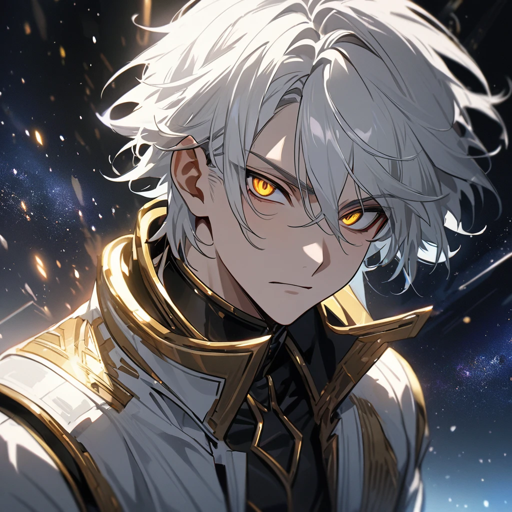 High quality, HD, 4k, no shadows, handsome male, handsome, 1male, 18 years old, 18yo, short white hair, white hair, white hair, white hair, sharp eyes, deep golden colored eyes, dark gold colored eyes, deep gold eyes, gold eyes, devil may cry, close up, calm expression, stoic expression, black leather clothes, white leather clothing, lean body, well trained body, upper body, looking at viewer, cowboy shot, white solar, space background