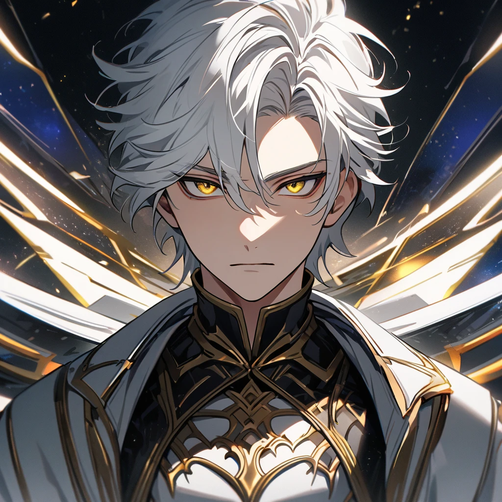 High quality, HD, 4k, no shadows, handsome male, handsome, 1male, 18 years old, 18yo, short white hair, white hair, white hair, white hair, sharp eyes, deep golden colored eyes, dark gold colored eyes, deep gold eyes, gold eyes, devil may cry, close up, calm expression, stoic expression, black leather clothes, white leather clothing, lean body, well trained body, upper body, looking at viewer, cowboy shot, white solar, space background