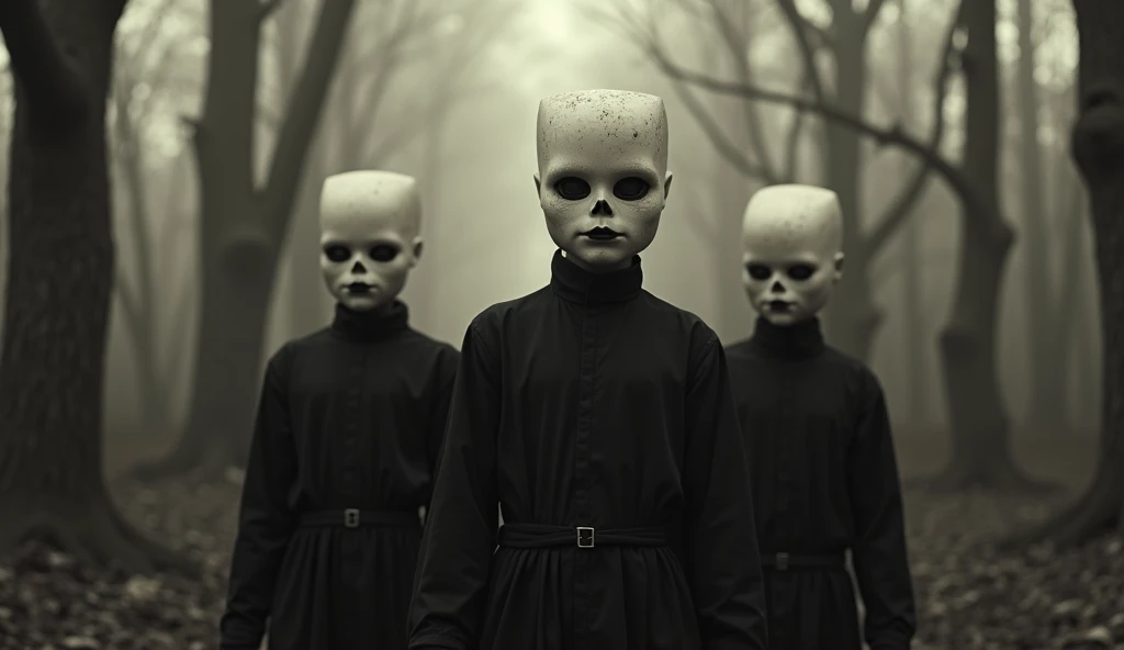 in (full shot:3.1), ((Very old photograph in sepia tone only)), Surreal, monochrome The image is a surreal and haunting portrait featuring lot individuals with distinct and unsettling appearances. The subjects have pale skin and are dressed in dark, high-necked clothing. lot individuals have square heads, with only one large, exaggerated eye on each head, and dark lips, giving them a creepy, doll-like appearance. The background is a silent, misty forest with bare, twisted trees, adding to the overall creepy and surreal atmosphere of the image. (They walk in the background of a dark, surreal, textured landscape, enhancing the creepy, supernatural atmosphere of the scene, horrified, deceptive, insane, disgusting, disturbing, disturbing, shocking, vintage, old film:1.5), (inspired by Zdzislaw Beksinski and Wayne Barlowe), cgsociety, art deco, 1920s, hyperdetailed, 1920s Hellraiser film, digital illusions, photorealistic, artistic visuals inspired by Fritz Lang. ((motion picture film)), ultra-detailed, chiaroscuro, RAW photo, cinematic, artstation style, concept art, masterpiece, 8k, black and white, realistic textures, 3D rendering