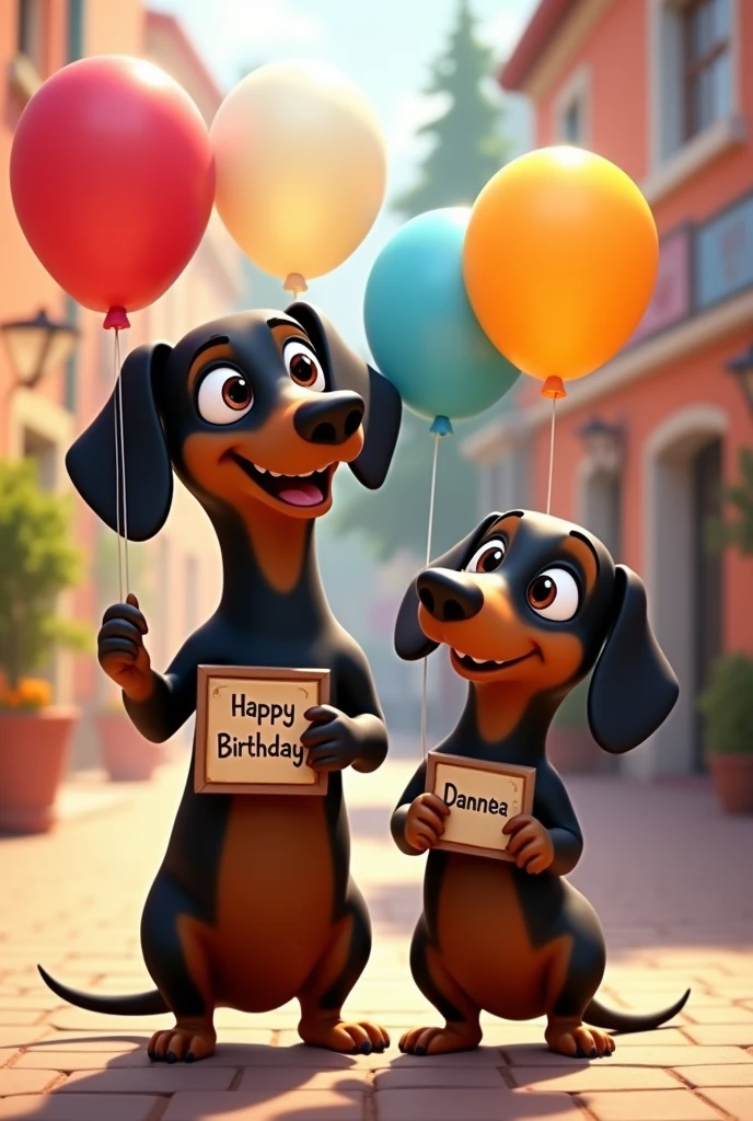 A Pixar-style poster of two dachshund dogs, both black and brown, holding balloons and a sign that says 'Happy Birthday Dannae'