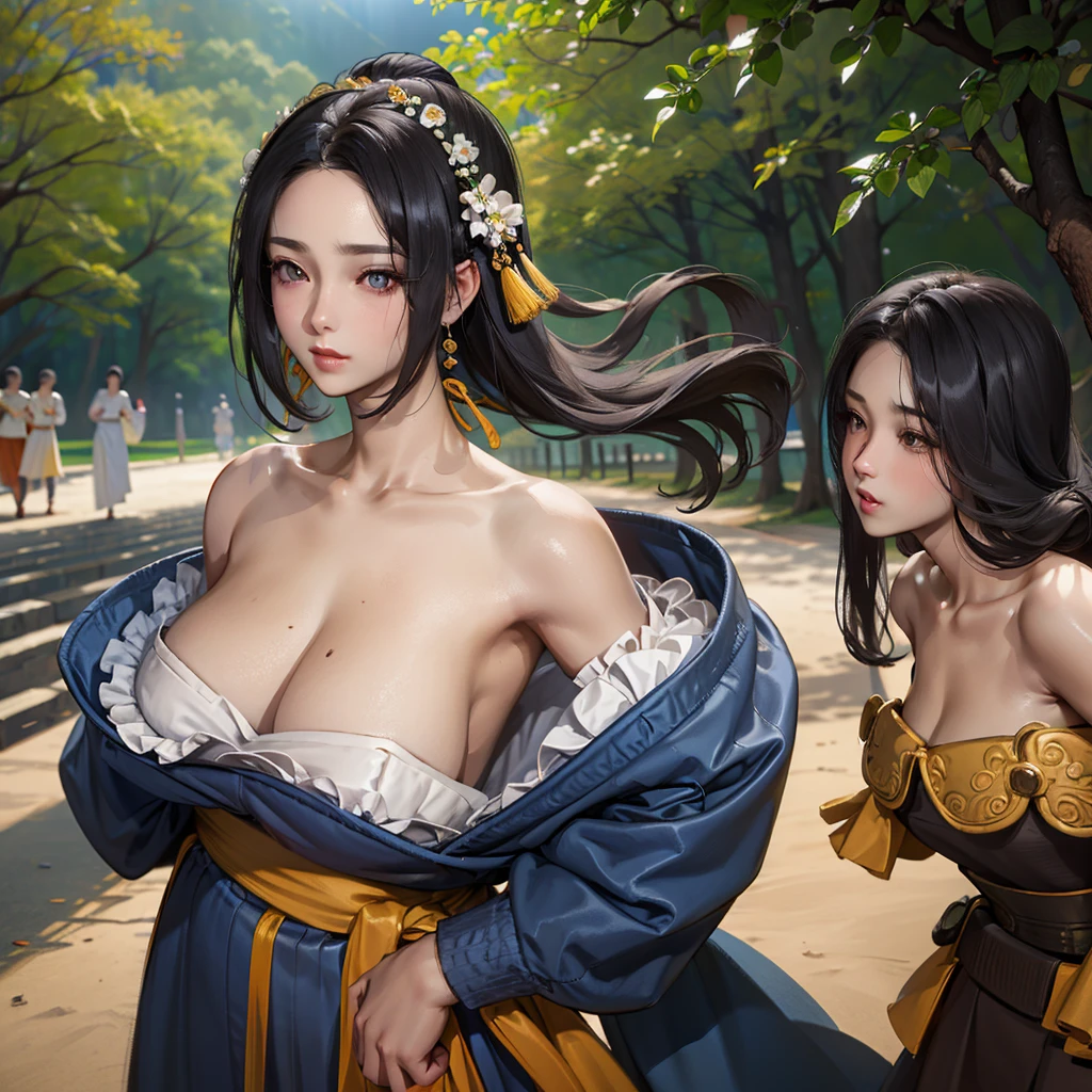 best quality, masterpiece, high resolution, 1 Girl, Hanfu, Tang dynasty costumes, small, flat chest, clavicle, Off-shoulder exquisite face, Practical, Real People, (High Detail Skin: 1.4), SLR, Soft Light, high quality, photo, high resolution, blur background, Retro Street