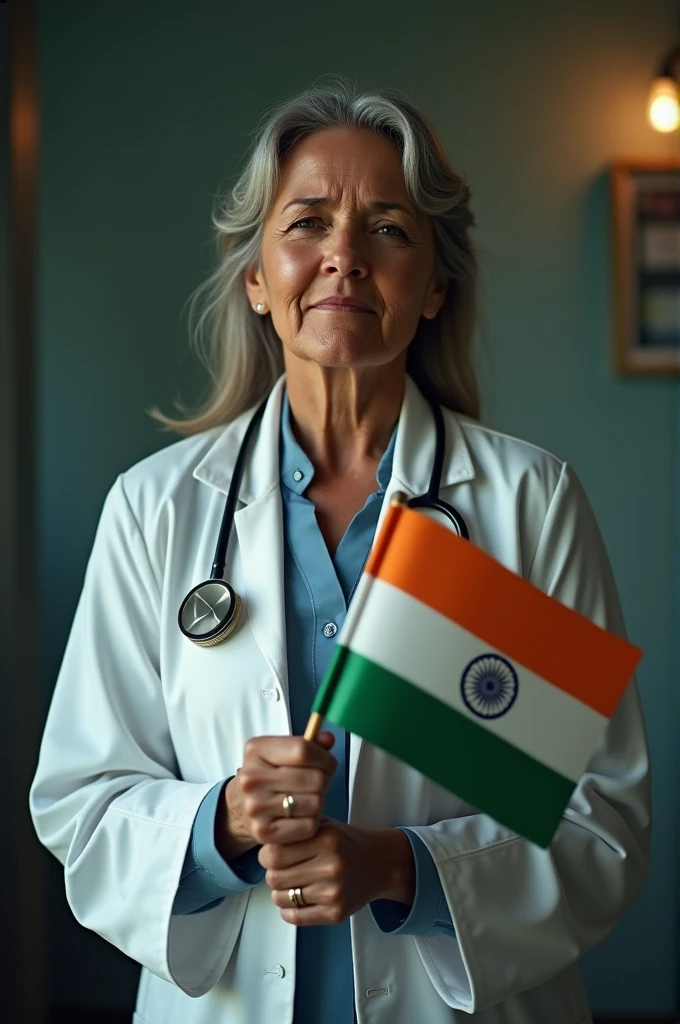 give me a photo of lady doctor holding a Indian flag and she has tears in eyes