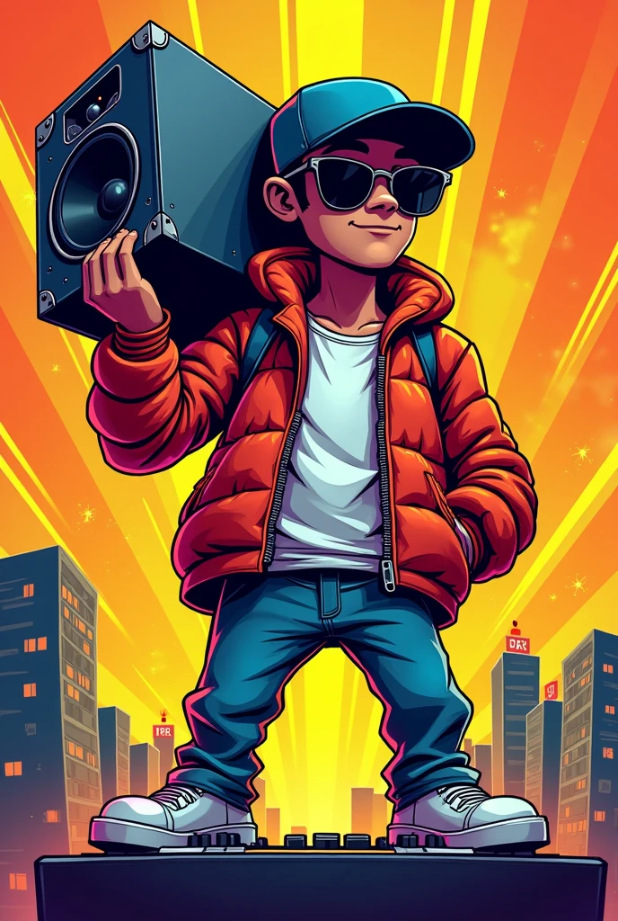 Create a 2d animated character in the style of a comic book with a Hip Hop style, He's a dj, he is wearing a cap and sunglasses and carrying a speaker 