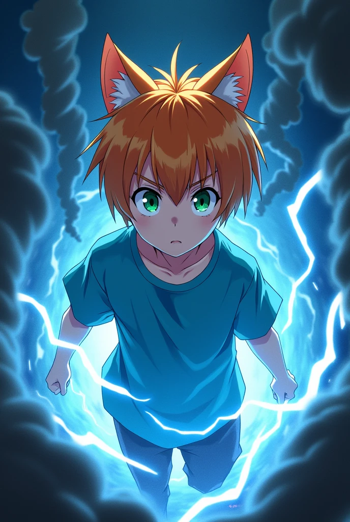 A green eyed one with straight orange hair very white skin with a blue shirt with cat ears in his hair , fighting with his blue lightning power against evil shadows.((in anime)) ((a boy))