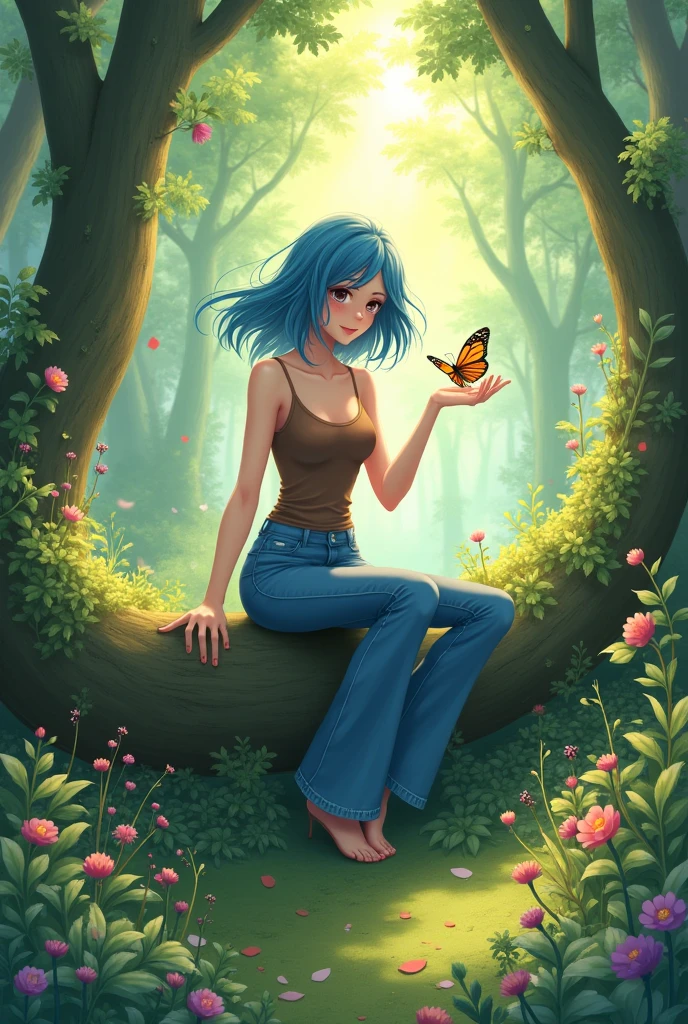 anime artstyle fantasy, flowery forest background, person sitting on a fallen wood on the ground with a butterfly on her hand, the character has a long blue hair, hairstyle is like a hime cut and she’s wearing a long brown tank top and a flared jeans