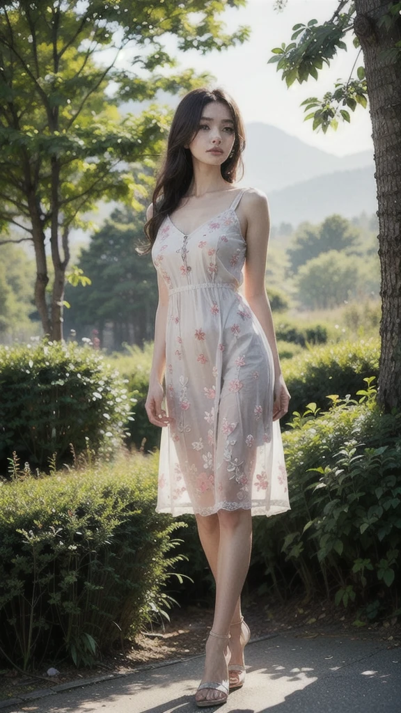 (best quality,4K,8ก,height,Masterpiece:1.2),Very detailed,(realistic,photorealistic,photo-realistic:1.37),High resolution portraits, beautiful asian girl, Standing in front of Tianzishan Peak, Zhangjiajie,((Fiona Pink Misty Floral Embroidered Cotton Dress Length above knee)),Green Mountain,Sunlight filtering through the trees,calm expression,flowing dark hair,The atmosphere is quiet.,Ethereal beauty,blend with nature,harmonious elements,Sensitive features,lush greenery,Golden Sunlight,elegant posture,Relaxed atmosphere,Quiet and elegant,The girl&#39;s eyes reflected the beauty of the mountains.,Magical and dreamlike,tranquility and harmony,Quiet and impersonal,Gentle and elegant,beauty of nature,mesmerizing scenery,Looks like a painting,Enticing beauty,Incredible natural wonders,peace and tranquility,Formidable and awe-inspiring, stylish corner, Pose in style, small round chest, Youthful body, perfect shape, Thin