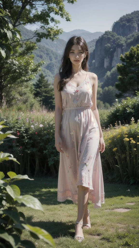 (best quality,4K,8ก,height,Masterpiece:1.2),Very detailed,(realistic,photorealistic,photo-realistic:1.37),High resolution portraits, beautiful asian girl, Standing in front of Tianzishan Peak, Zhangjiajie,((Fiona Pink Misty Floral Embroidered Cotton Dress Length above knee)),Green Mountain,Sunlight filtering through the trees,calm expression,flowing dark hair,The atmosphere is quiet.,Ethereal beauty,blend with nature,harmonious elements,Sensitive features,lush greenery,Golden Sunlight,elegant posture,Relaxed atmosphere,Quiet and elegant,The girl&#39;s eyes reflected the beauty of the mountains.,Magical and dreamlike,tranquility and harmony,Quiet and impersonal,Gentle and elegant,beauty of nature,mesmerizing scenery,Looks like a painting,Enticing beauty,Incredible natural wonders,peace and tranquility,Formidable and awe-inspiring, stylish corner, Pose in style, small round chest, Youthful body, perfect shape, Thin