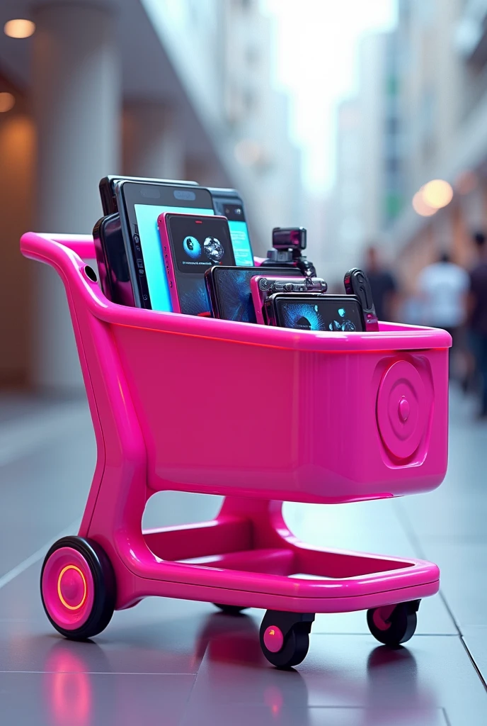 Pink grocery cart with electronics inside it, I want the image. 