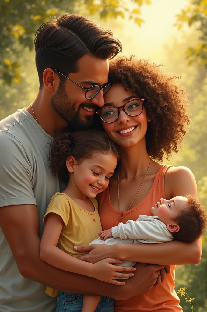 Clear, here is a description based on what you have provided:

A woman with tanned skin, with very curly hair and wearing glasses, is accompanied by two children. The oldest is  and the baby is 1 year old. She is also accompanied by her husband, who is also tanned and has a serious demeanor.