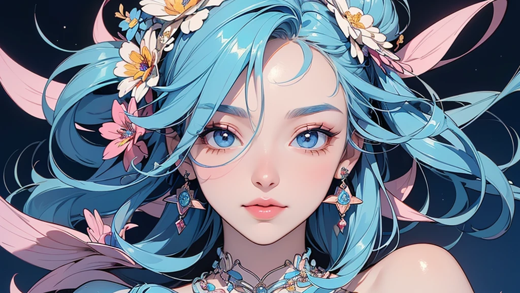 32K, 最高quality, 最高masterpiece, (ultra-Detailed Background, Detailed Background), High resolution, Super detailed, Very detailedな, 1 personの, (bouquet:1.3), (Tangled:1.2), (Geometric:1.2),(colorful),(masterpiece, quality, best quality, Official Art, Beautiful and beautiful:1.2), (1 person:1.3), Very detailed,(colorful:1.1)(Flowers:1.3),Most detailed,(Tangled:1.2), whole body, (Abstract background:1.3), (Skin glows), (Many colors:1.4), ,(Earrings Jewelry:1.5), Light Blue Background,