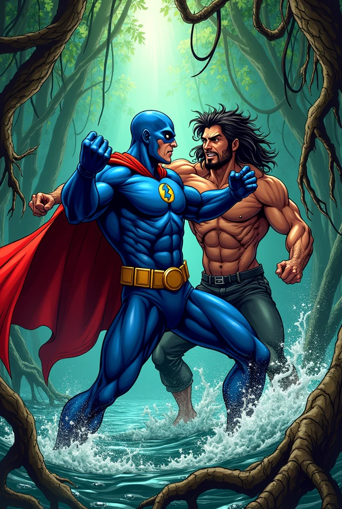comic style image with action scene and fight between male superhero dressed in blue, cape and mask against supervillain, long hair dressed in black in a mangrove