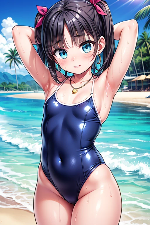 A girl posing for a photo, ((One Girl)), (((:1.7)) + ((cute:1.5)) + ((15 years ak
#Clothing Accessories
((White high leg monokini swimsuit:1.1)) + (Covered nipples:0.8) + white high heel sandals,
(Gold Hoop Earrings), (gold fancy bracelet), (A necklace studded with many precious stones),
break
#Features
((Black Hair:1.2)) + ((Very long side bangs)) + ((Twin tails) : Short Hair + Curly hair + Voluminous Hair + Fuller Hair + Tied with a red ribbon),
((Droopy eyes:1.4, Big eyes:1.2), blue eyes), (Small breasts + Flat chest), (中立的な顔のFeatures),
((sensuous:1.5)),
break
#background environment
((noon, (Sunny tropical beach:1.1), ((blue sky)))),
#Facial Expression Pose
((blush, smile, Open your mouth)), ((A pose standing strongly on both legs、Hands clasped behind the head with armpits visible , Sweating in the body, The swimsuit is very wet, The swimsuit is a little transparent, My swimsuit is wet and shiny)),
#composition
((To the camera), (Angle from the front), (Character Focus), (Cowboy Shot)),
break
#Body parts elements
(Slim figure),
(Symmetrical facial features),
(Detailed Hair, Beautiful Hair, Shiny Hair),
(double eyelid, Long eyelashes, Thin eyebrows:0.5, Thin eyebrows:0.5),
(Expression of fine eyes, Beautiful and delicate eyes, Sparkling eyes, Eye Reflexes, Glitter Eyeliner),
(Human Ear),
(Beautiful Nose, Thin Nose),
(Glossy Lips, Beautiful Lips, Thick lips),
(Detailed skin, Textured skin, Beautiful Skin, Oily skin),
break
#quality
(((最高quality)), ((masterpiece:1.3)), ((Very detailed))), ((Ultra-high resolution)), ((16K)), ((1080P)), ((Full HD)),
((Anatomically correct)), ((Realistic)), (3DCG), ((Oil painting)),
((comics, anime)), (CG illustration), (RAW Photos),