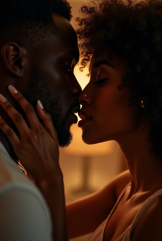 a close-up shot of a handsome black man and an Afro-Latina woman kissing, their lips close together, cinematic lighting, romantic atmosphere, detailed facial features, beautiful skin tones, chiaroscuro lighting, dramatic shadows, intense eye contact, passionate embrace, high quality, photorealistic, 8k, cinematic, dramatic