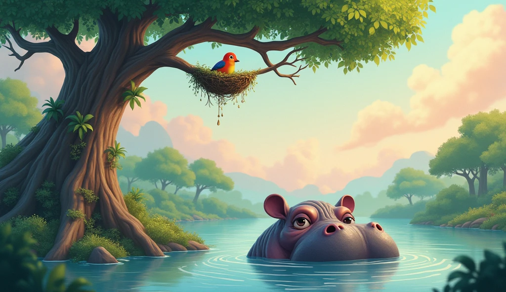 Once upon a time, a hippopotamus lived in a river next to a big tree. One day a bird came and nested in the tree.
