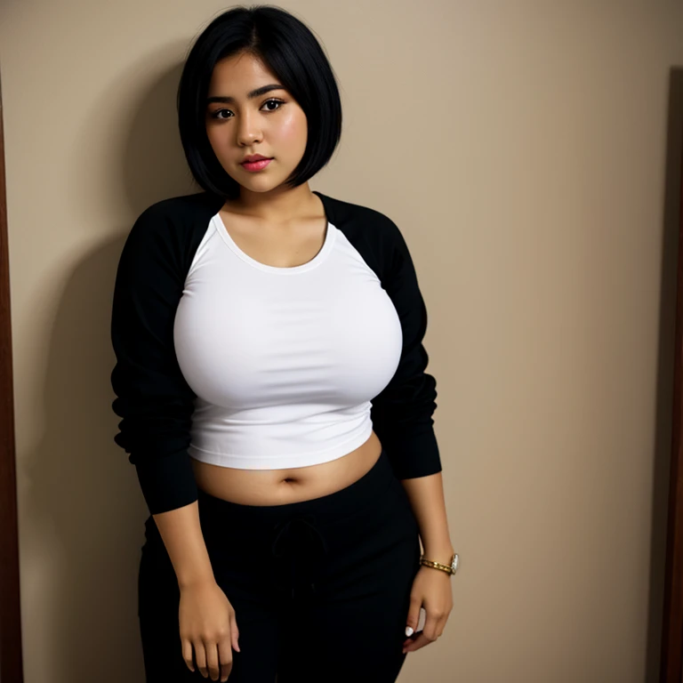 body photo, beautiful detailed, cute face, mexican teen, slightly chubby hips, short black hair, black hair over one eye, long sleeve plain T-shirt, long pants, fat wide hips, solo, 