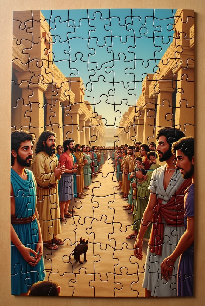 Imagine a jigsaw puzzle about the Bible story of Joseph for children where the puzzle pieces include:
- A piece with the image of Joseph as a young man, representing his childhood and his dreams.
- A piece with the image of the multi-colored tunic that his father Jacob gave him, symbolizing his favoritism.
- A piece with the image of Joseph in the cistern, representing their suffering and perseverance.
- A piece with the image of Joseph interpreting the Pharaoh's dreams, symbolizing his wisdom and gifts.
- A piece with the image of Joseph as ruler of Egypt, representing their success and leadership.
Putting the puzzle pieces together, A complete picture is formed showing Joseph's transformation from a young dreamer to a wise and powerful leader..