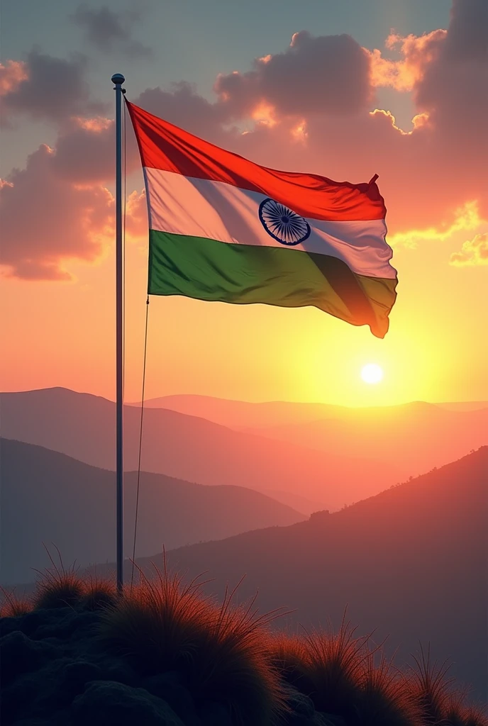 Create a image of independence day where Indian flag is in hill with lovely sunset and in background their is written happy independence day