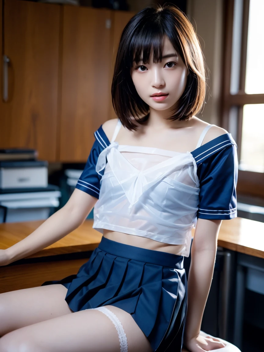 (happy expression:1.26)、RAW photo、(((Ultimate beauty full body photo shoot)))、((glowing skin))、1 girl、 beautiful girl in Prague、10th generahool student、youook、detailed face、bewitching、((black haired、short cut hair:1.2))、skirt、View from the floor、(Light blue and white striped long socks:1.2)、(thigh-high socks:1.2)、((sailor suit、uniform、mini skirt:1.5))、(micro skirt、high waist)、(Sitting on a chair with elbows on a school desk and legs wide open:1.2)、((She opens her legs and shows me her panties.:1.5))、(see through panties:1.5)、((standing on tiptoe))、counter point shot、((super detailed))、(Perfectly detailed face)、(detailed hands)、(finger details)、(excellent human structure)、photorealistic imageasterpiece、最high quality、super detailed、film light、intricate details、High resolution、very detailed))、detailed background、8KUHD、Digital single-lens reflex camera、soft light、high quality、film grain、Fujifilm XT3 、shallow depth of field、natural soft light、Kamimei、classroom、View from slightly below、