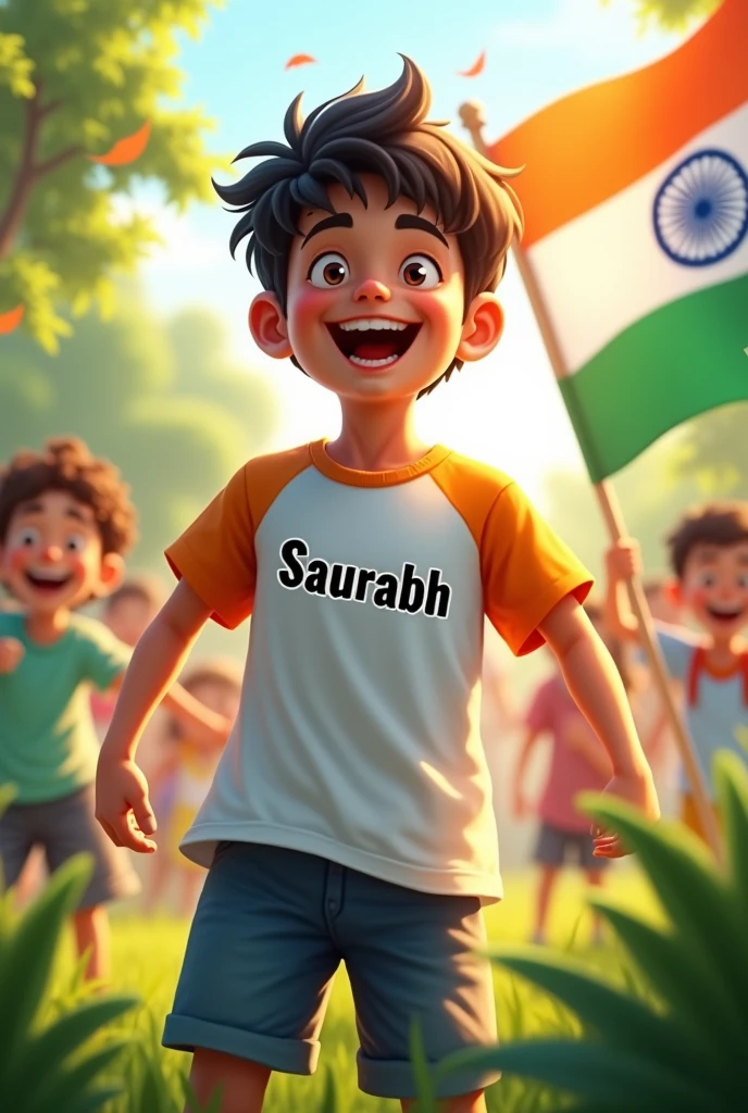 Image of a boy named as Saurabh written on his t-shirt with Indian tricolour flag celebrating independence day with friends 
